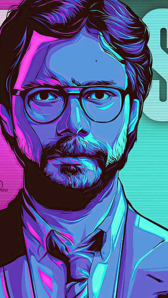 The Infamous Mastermind: Money Heist's Professor Illuminated in 4K Neon Splendor Wallpaper