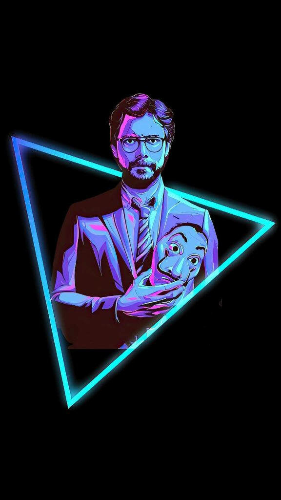 Mastermind's Brilliance Illuminated: Money Heist's Professor Enthralls in Neon Green Triangular Frame Wallpaper
