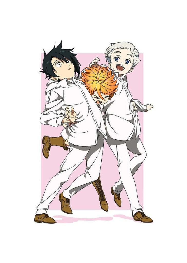 Emma Ray and Norman from The Promised Neverland in white outfits cheerful cartoon wallpaper