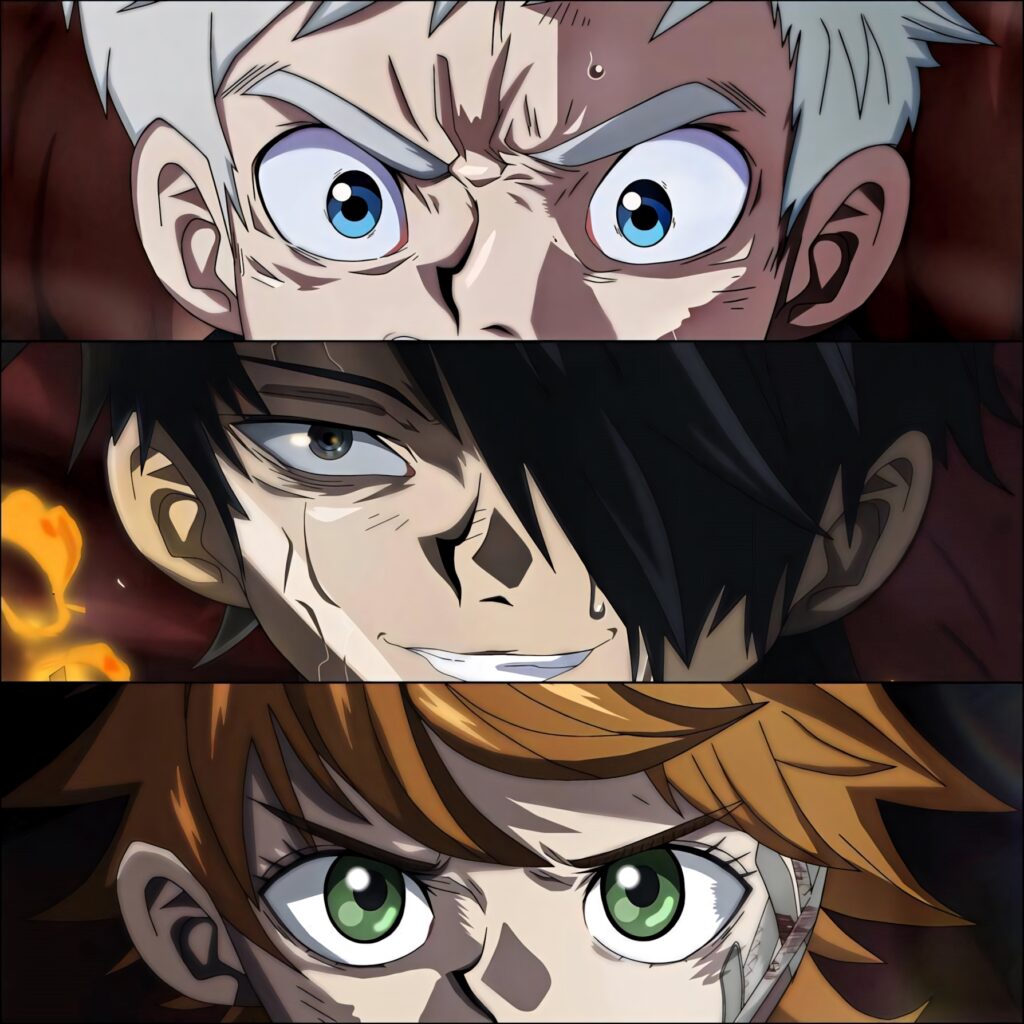 Close-up wallpaper of Emma Ray and Norman from The Promised Neverland showing determination