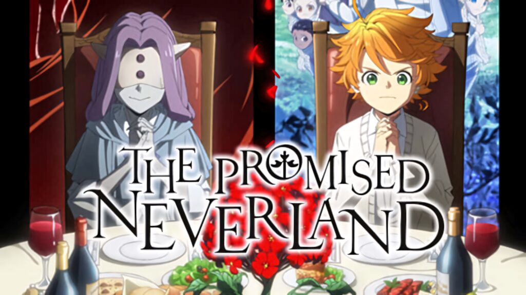 Emma and a mysterious demon at lavish dinner table intense suspense The Promised Neverland wallpaper
