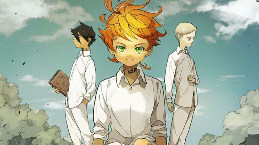 Emma Ray and Norman from The Promised Neverland Season 2 standing determined outdoors wallpaper
