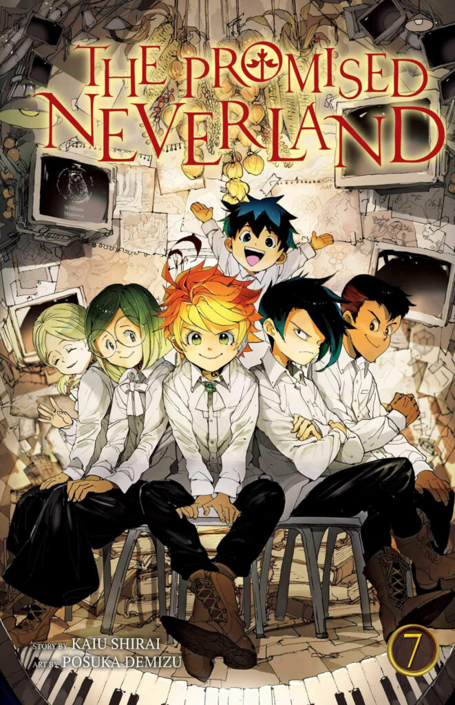 The Promised Neverland Volume 7 cover with Emma Norman Ray and friends amid clocks and books Wallpaper