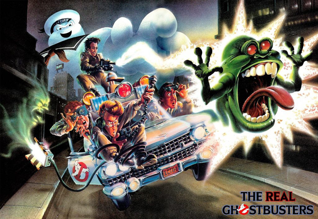 The Real Ghostbusters vibrant wallpaper Ecto-1 chasing Slimer with Stay Puft Marshmallow Man