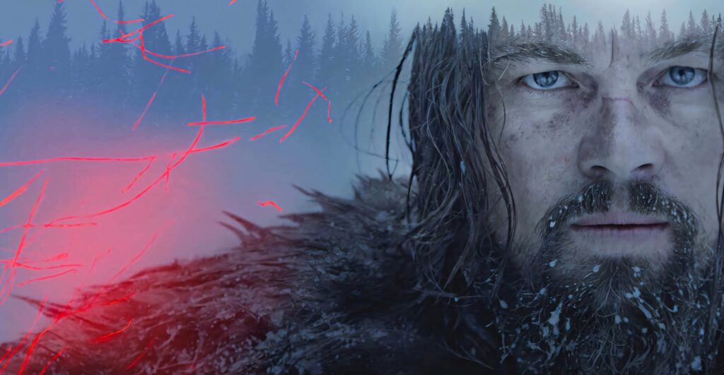 Close-up of The Revenant main character with icy face in wintry forest and red streaks background Wallpaper