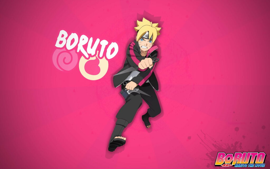 Boruto Uzumaki anime wallpaper action pose vibrant pink background HD Naruto movie logo