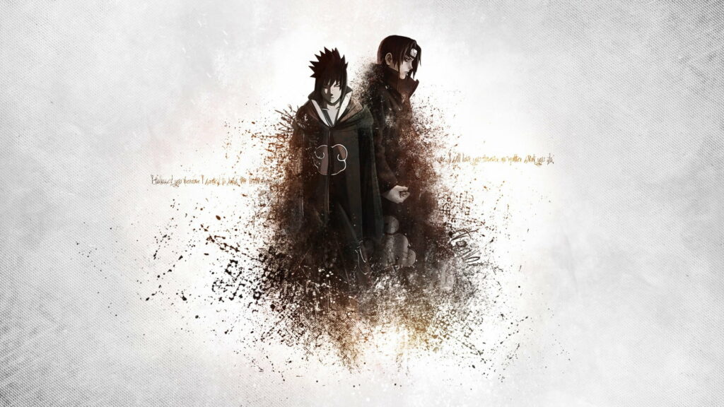 Sasuke and Itachi Uchiha in Akatsuki cloaks ink-splatter art Naruto wallpaper background