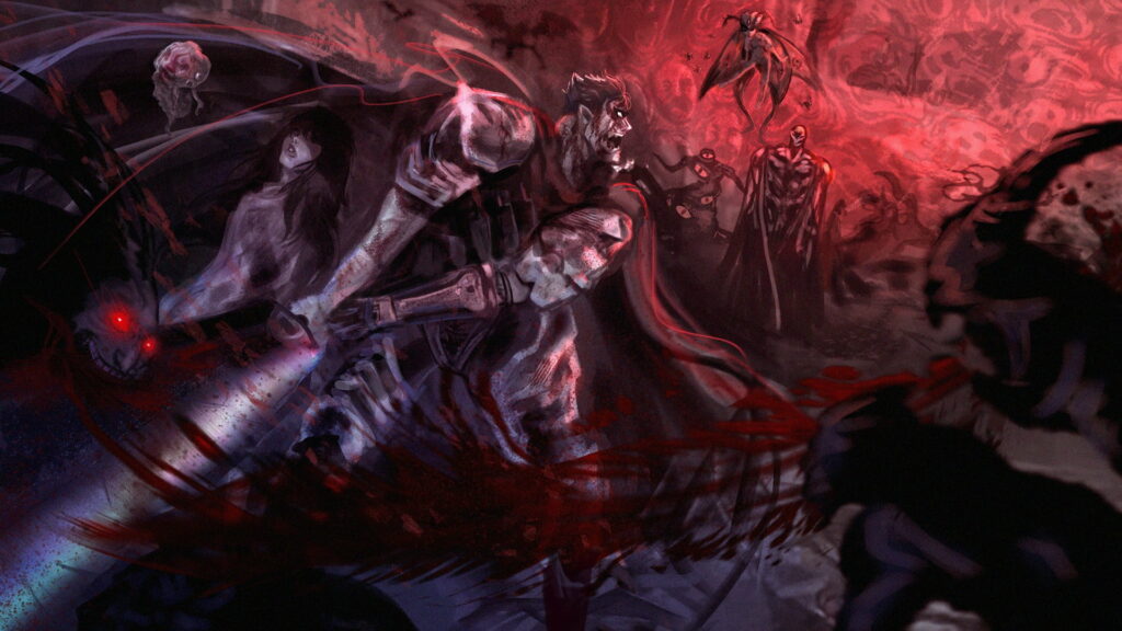 Red Abstract Fury: HD Wallpaper of Berserk's Black Swordsman, Guts