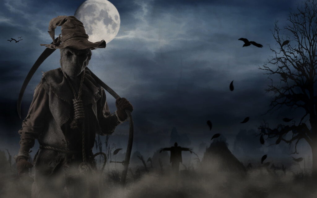 The Whispering Shadows: Haunting HD Wallpaper featuring a Spooky Scarecrow, Moonlit Fog, and Mysterious Ravens