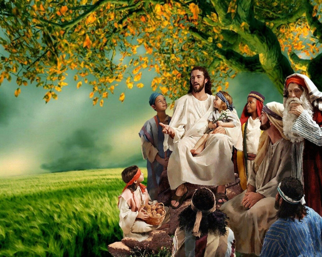 The Sermon in the Heavenly Garden: Jesus Christ Spreading Divine Wisdom amid Overflowing Nature Wallpaper