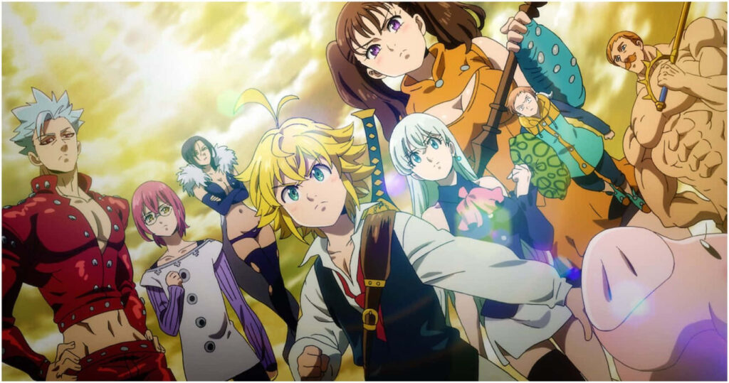 The Seven Deadly Sins anime characters in action poses with glowing dramatic sky wallpaper background