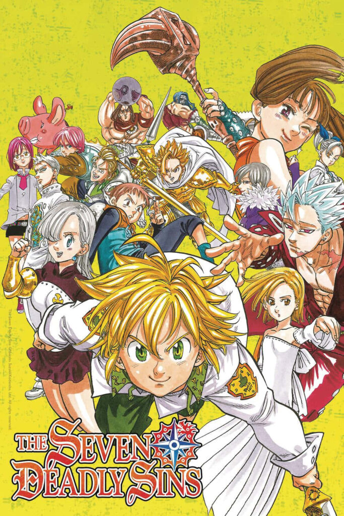 The Seven Deadly Sins anime characters united colorful vibrant wallpaper background action-packed