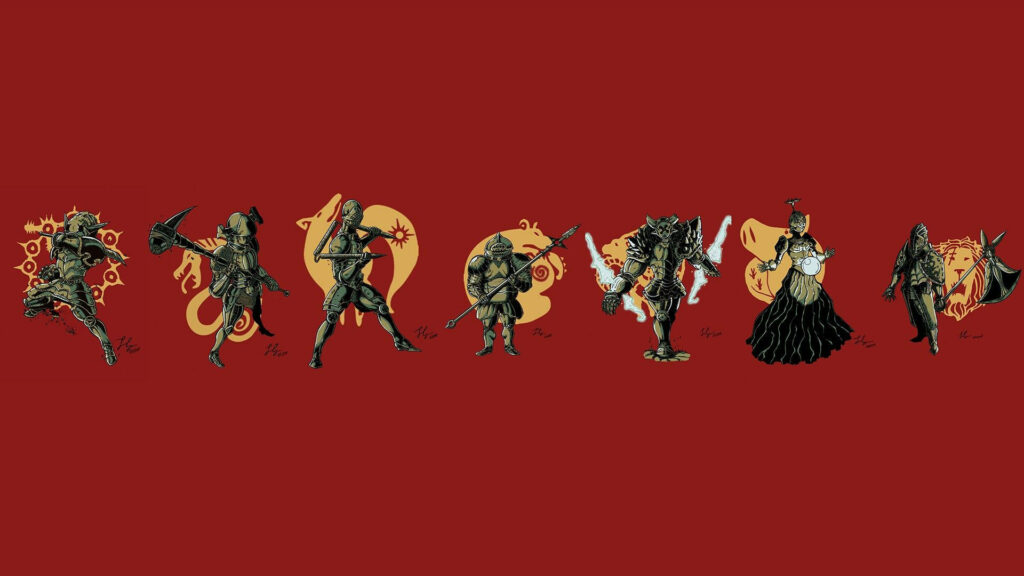 Stylized The Seven Deadly Sins characters with unique symbols on red background wallpaper design