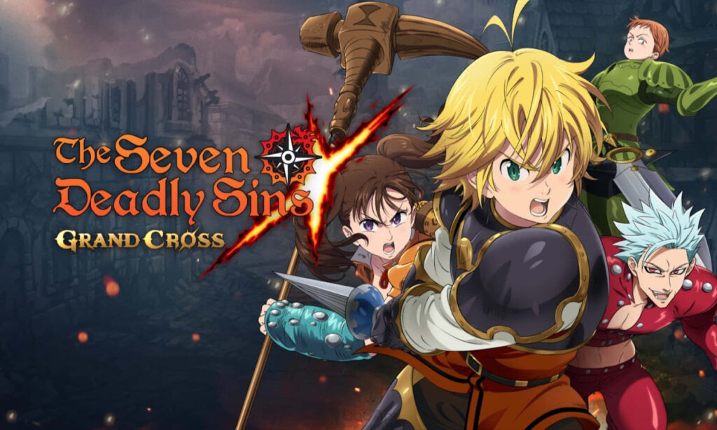 The Seven Deadly Sins Grand Cross main characters in intense battle action with dramatic backdrop Wallpaper
