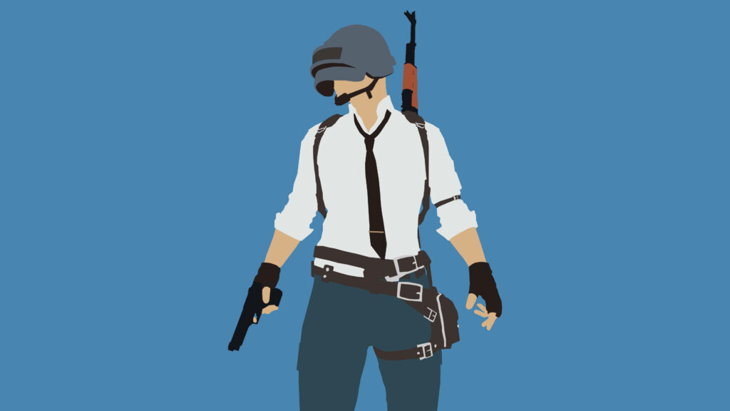 Minimalist PUBG wallpaper with soldier in Level 3 helmet white shirt tie gun blue background