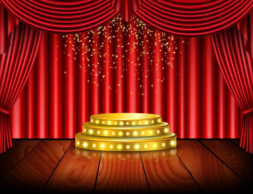 Three-tiered glowing gold podium with red velvet curtains and gold confetti on wooden floor Wallpaper