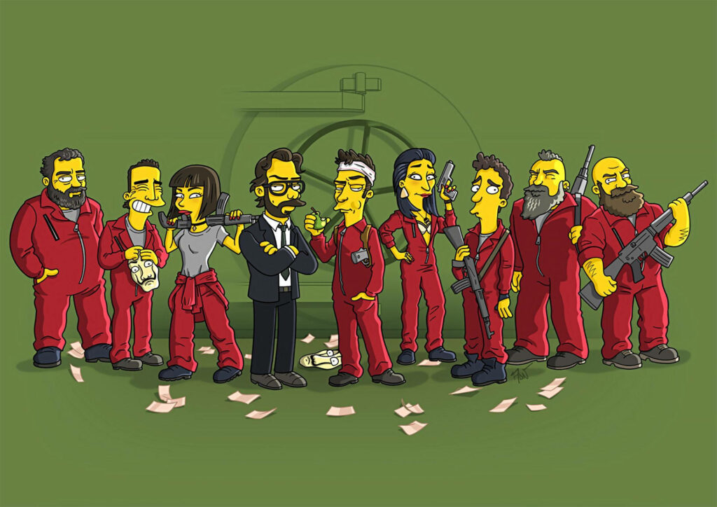 The Simpsons Take On The Ultimate Heist: A Hilarious Twist with Red Jumpsuits, a Green Vault, and Money Galore! Wallpaper