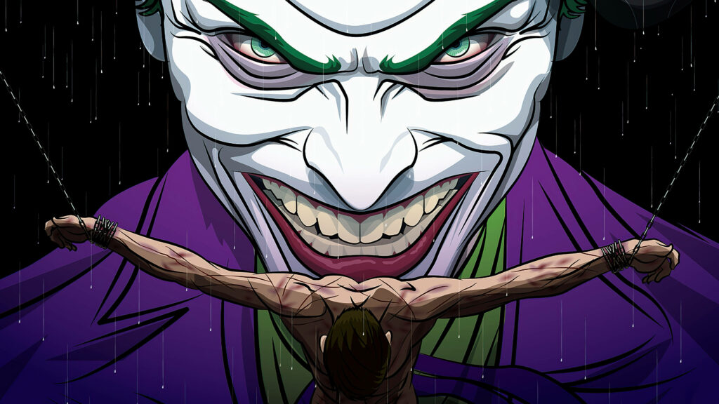 Captivating Chaos: The Malevolent Black Ultra HD Joker Dominates The Scene, Sporting His Sinister Purple Suit as He Menacingly Hovers Over Robin, Bound by Chains and befallen by Lashes. Wallpaper