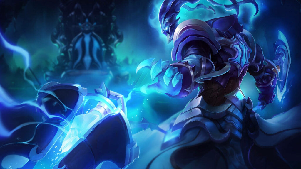 Soul Harvest: Illuminated Thresh, the Chain Warden, Engulfs His Foes in Glowing Blue Light - Mesmerizing 3D League of Legends Landscape Wallpaper