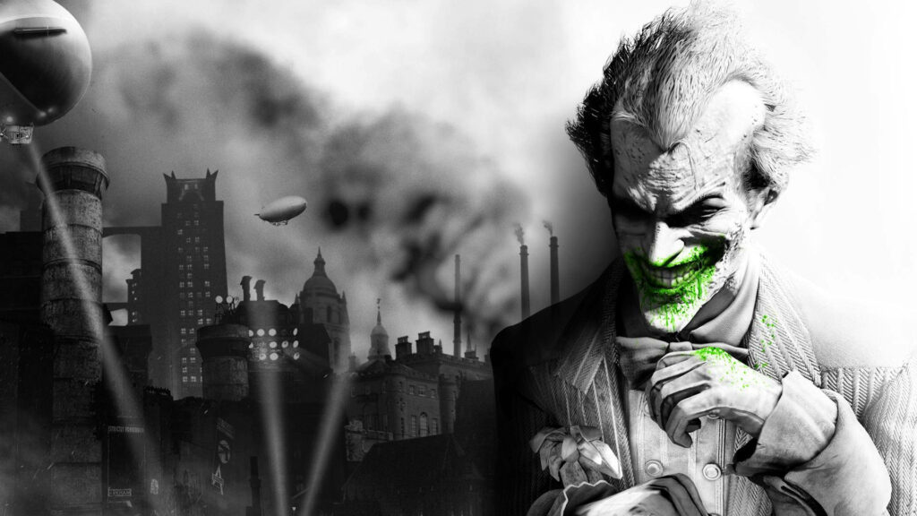 Sinisterly Smiling Comic Book Joker Against a Black and White Arkham City Background Wallpaper