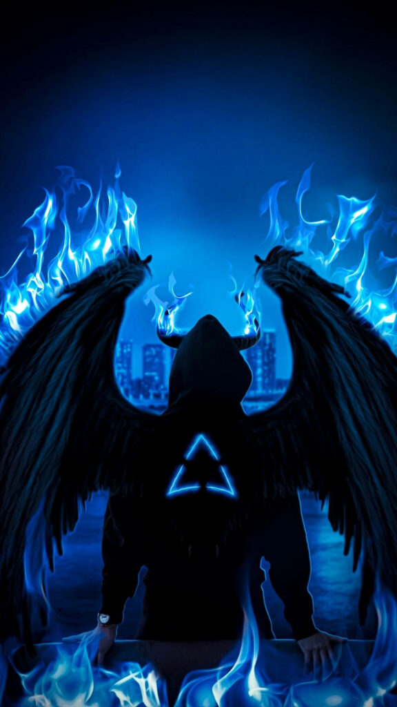 Neon Blue Flame-Fiend: The Stylish Enigma in a Dark Hoodie Wallpaper