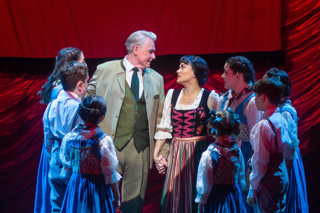 The Sound of Music cast in traditional Austrian costumes performing on stage under warm lighting Wallpaper