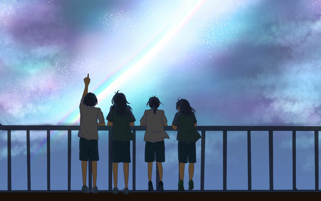 Comet's Promise: A Stunning Display of Your Name Anime's Characters in Fan Art Wallpaper