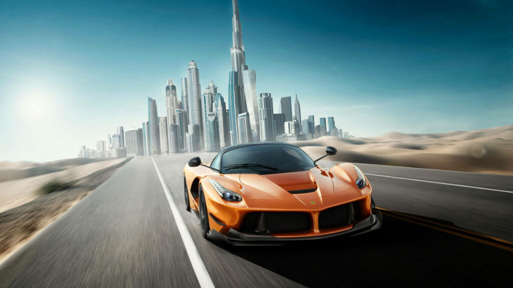 Orange LaFerrari speeding through futuristic cityscape and desert backdrop Wallpaper