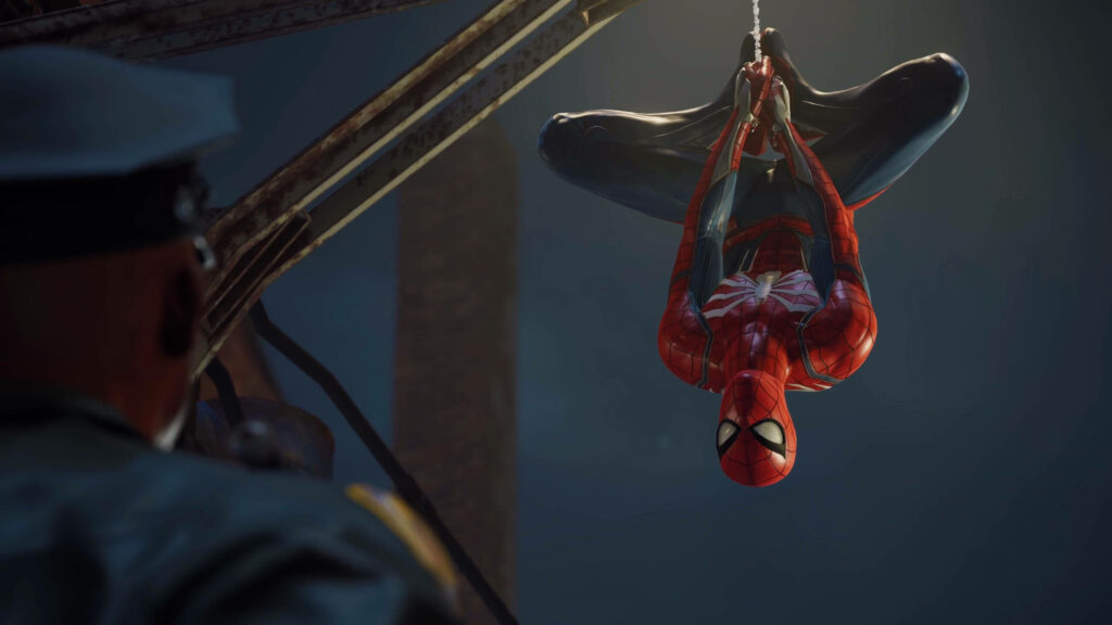 The Spectacular Encounter: Spider-Man's Gravity-Defying Encounter with a Police Officer in Marvel's Spider-Man - Ultimate PS4 Backdrop Wallpaper