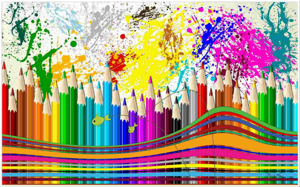 Splattered Palette: A Digital Art Displaying Vibrant Color Pencils on an Inspiring Educational Canvas Wallpaper