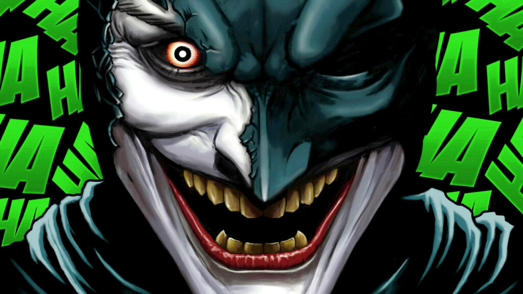 The Epic Dual: A Whimsical Depiction of Batman and Joker as One - A Chucklesome Joker Drawing in the Background Wallpaper