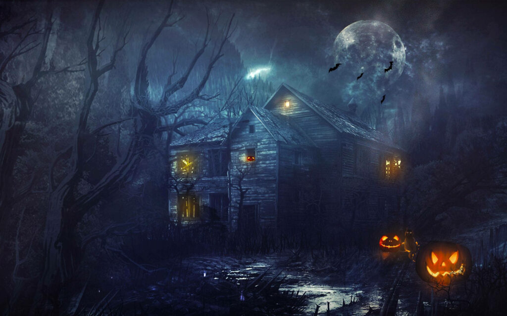 Haunting Halloween wallpaper with weathered farmhouse full moon twisted trees bats and jack-o-lanterns