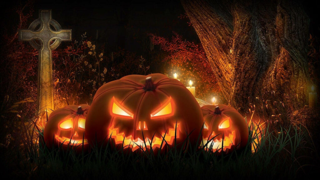 Pumpkin Trio Reigns Over Eerie Cemetery: Spine-Chilling Halloween Desktop Wallpaper