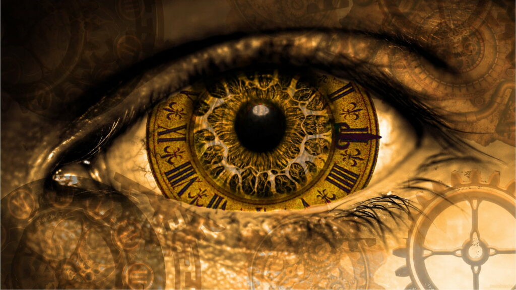 Steampunk Eye: Clockwork Compass Revealing the Passage of Time Through an Electronic Iris Wallpaper