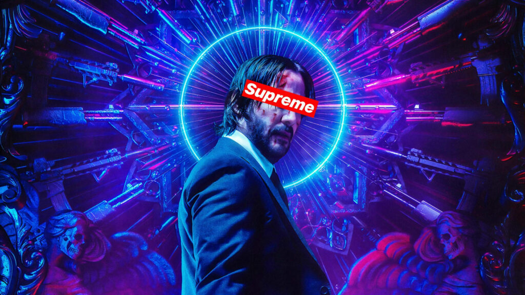 The Ultimate Hipster Assassin: John Wick Concealed by the Effortlessly Cool Supreme Logo Wallpaper