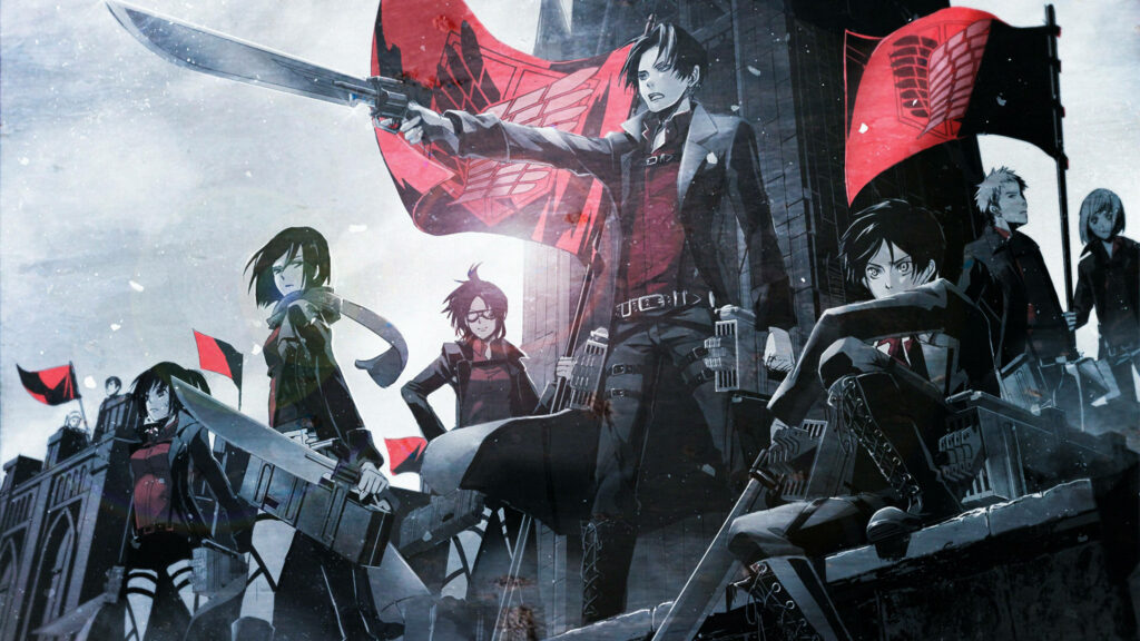 Attack on Titan wallpaper showing Survey Corps led by Levi in bold red and black style