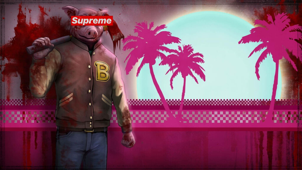 Supreme Pigsbane: Intriguing Visual Mashup of Axe-Wielding Horror and Iconic Branding Wallpaper