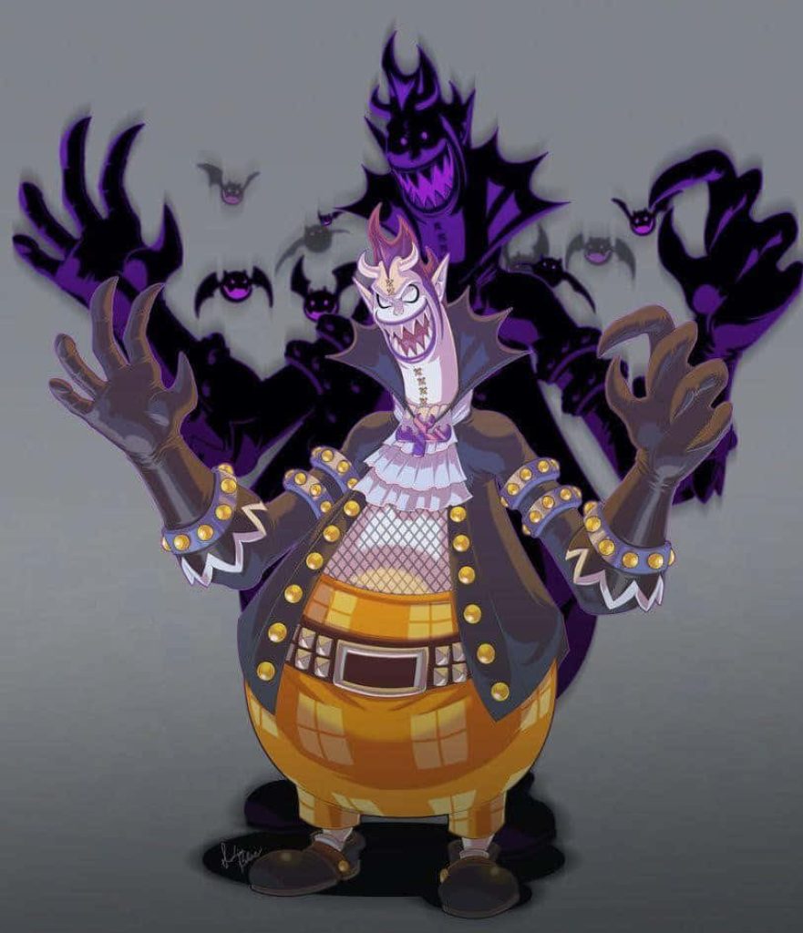 The Terrifying Gecko Moria One Piece wallpaper with purple phantom bats and menacing grin