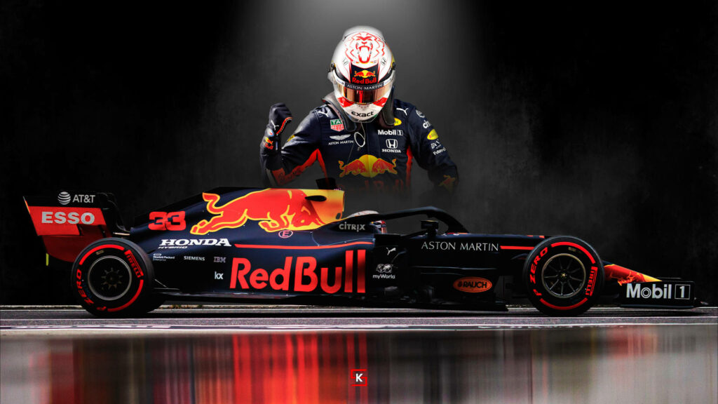 Full Throttle Action: Captivating F1 Driver and Car Poster Wallpaper