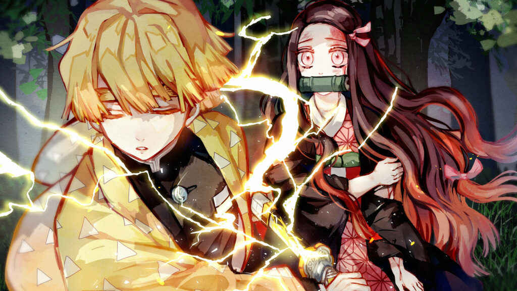 Sparks of Fear: Zenitsu Unleashes His Lightning Sword as Nezuko Watches with Concern - Demon Slayer Zenitsu Scene Wallpaper