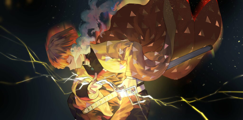 Zenitsu Agatsuma drawing sword with yellow lightning Demon Slayer anime wallpaper background