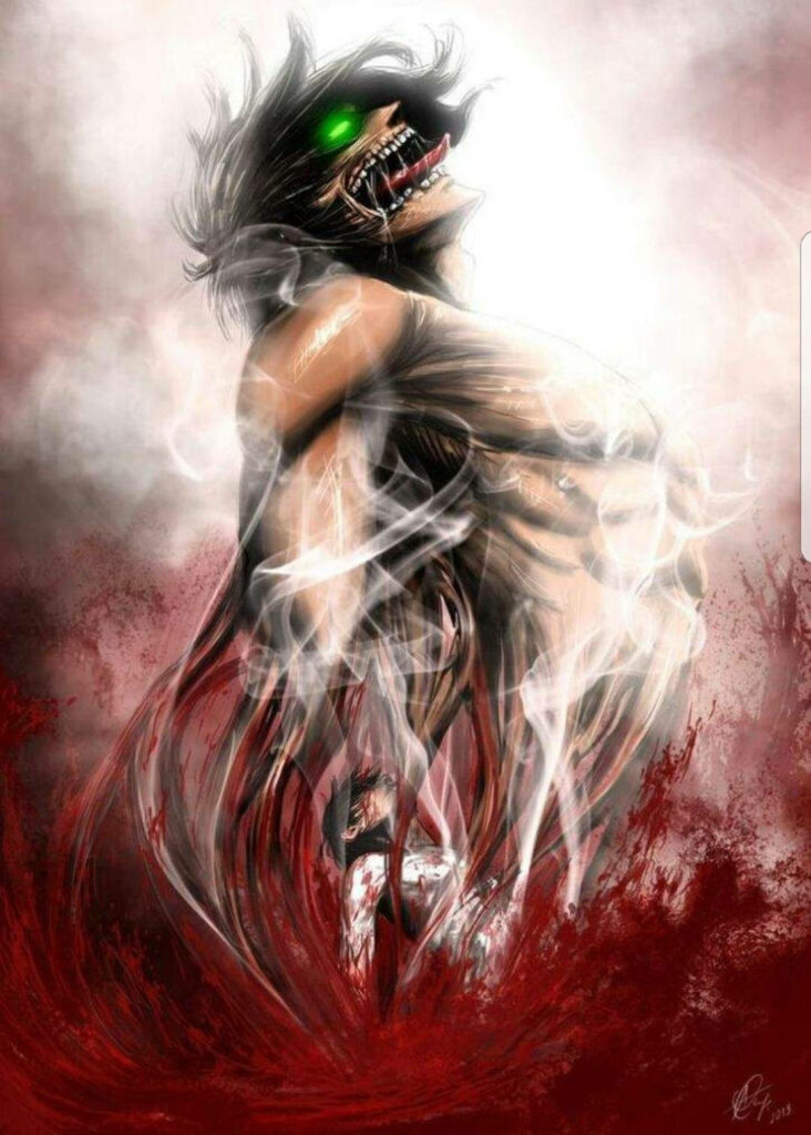 Titans Unleashed: Eren Yeager and his Attack Titan in a Captivating Side Profile - Dark and Gritty iPhone Wallpaper