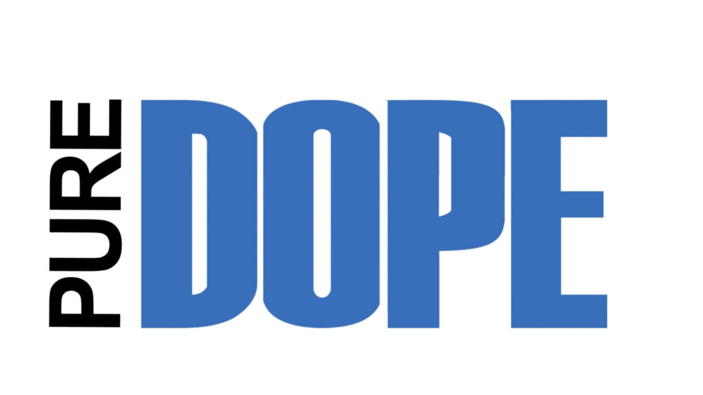 Minimalist wallpaper with vertical black PURE and vibrant blue DOPE text in modern sans serif font