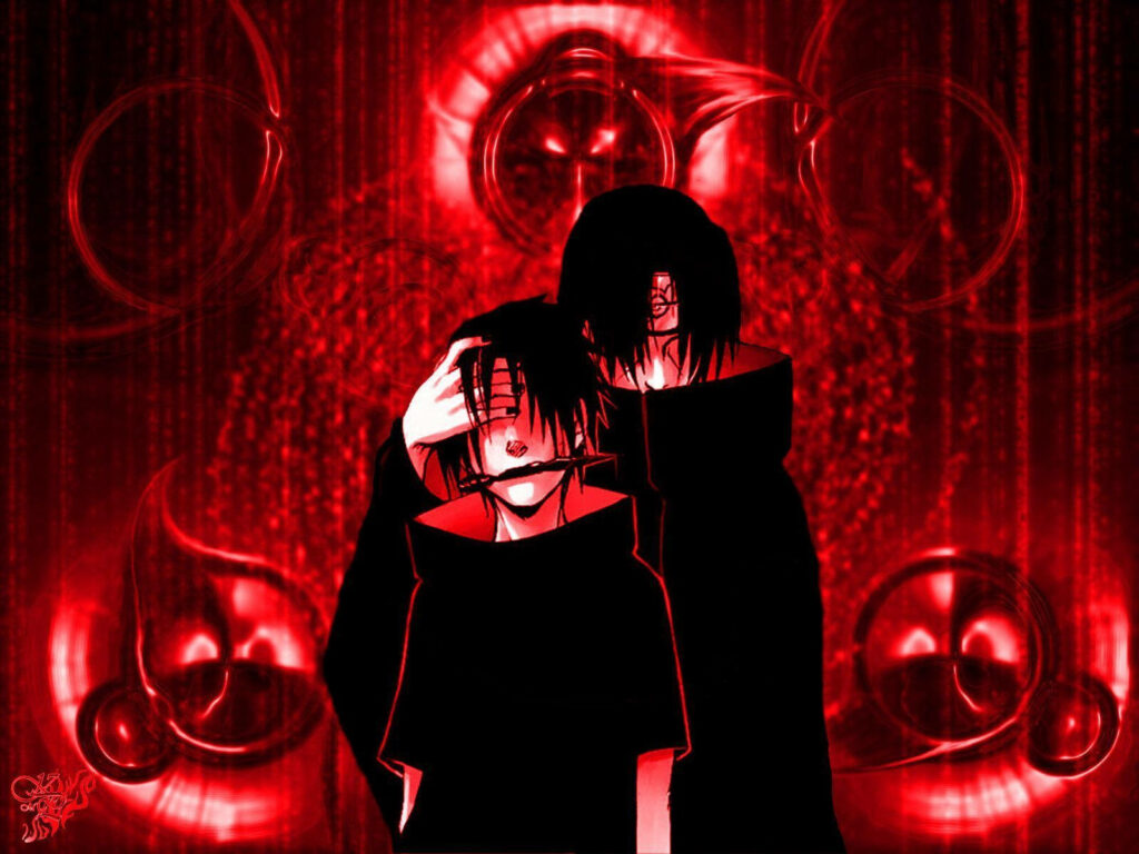 The Uchiha Brothers Unleash their Sharingan in a Fiery Red Aesthetic: A Marvelous Fan Art Tribute Wallpaper
