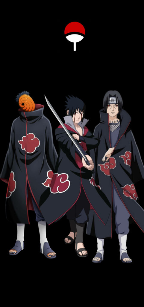 The Uchiha Legacy Unleashed: Itachi, Sasuke, and Obito Rocking Akatsuki Uniforms on a Dark Canvas - 4k Wallpaper feat. Obito Uchiha