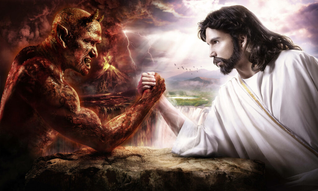 The Epic Arm Wrestle: Clash of the Divine and the Diabolical Wallpaper