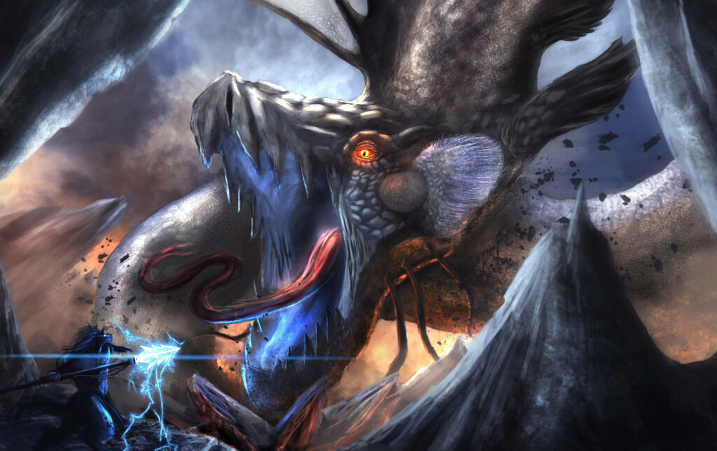Clash of Titans: The Fierce Duel between Dragon and Warrior in a Luminous Fantasy Realm Wallpaper