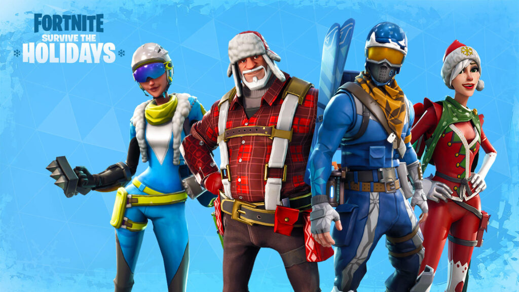 Champion Clash: A Dynamic Promotional Masterpiece Unveiling Four Fortnite Heroes in Striking Blue and Red Outfits Wallpaper