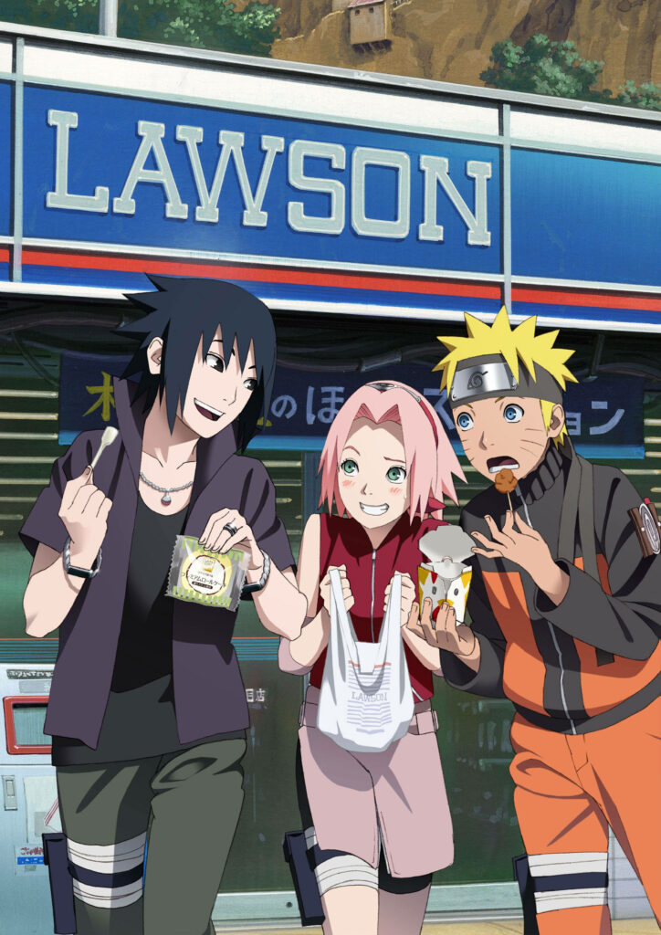 Team 7's Blissful Gathering: Sasuke, Sakura, and Naruto Savoring Delicious Treats from Lawson Wallpaper