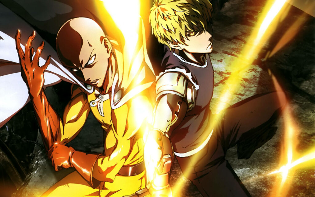 Guardian of One Punch Man: Genos Shielding Saitama from Monsters Wallpaper